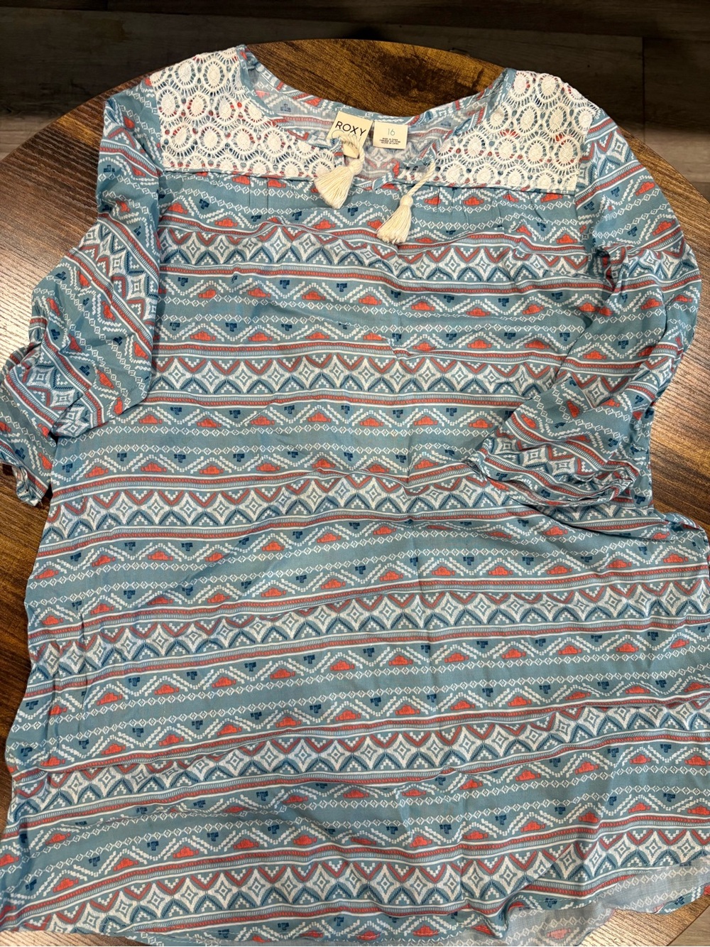 Roxy Blue and Coral Aztec Tassel Tunic with Lace Yoke